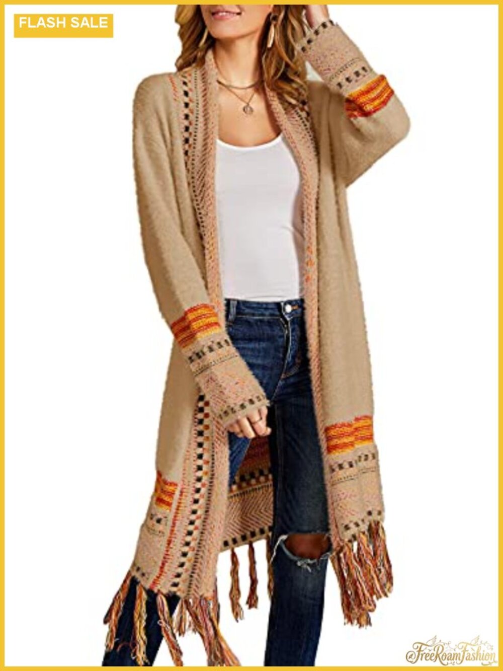 Boho Aztec Tribal Tassel Fringe Long Cardigan Sweater